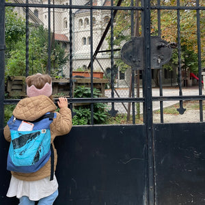 kleines Mädchen mit blauem Rucksack mit Fischmotiv sieht durch in Tor in einen Park