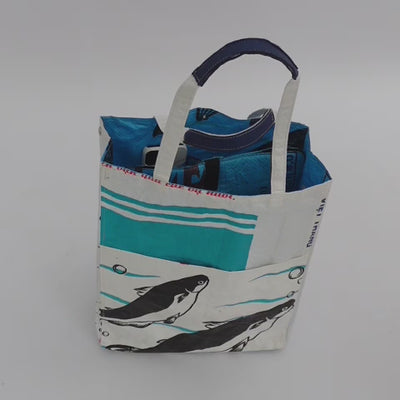 Tote Bag Niki im Video: Shopper aus upcyceltem Fischfuttersack, handgemacht in Kambodscha