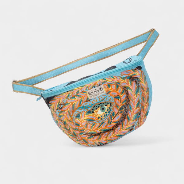 upcycelte Bauchtasche, handbemalt mit Acryl/Schlangenmotiv in blau