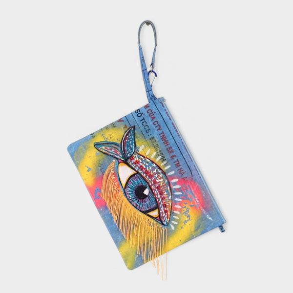 upcyceltes Täschchen mit Acryl bunt bemalt in blau