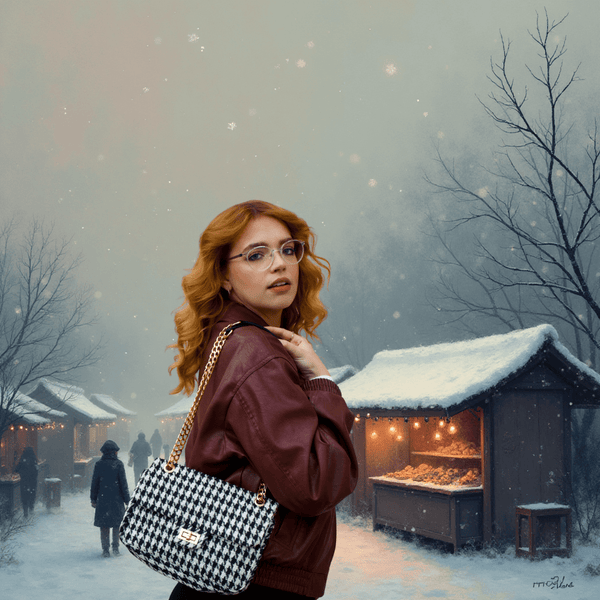 neue FLAP Bag in schwarz-weißem TWEED, weihnachtliches Ambiente / background AI generated