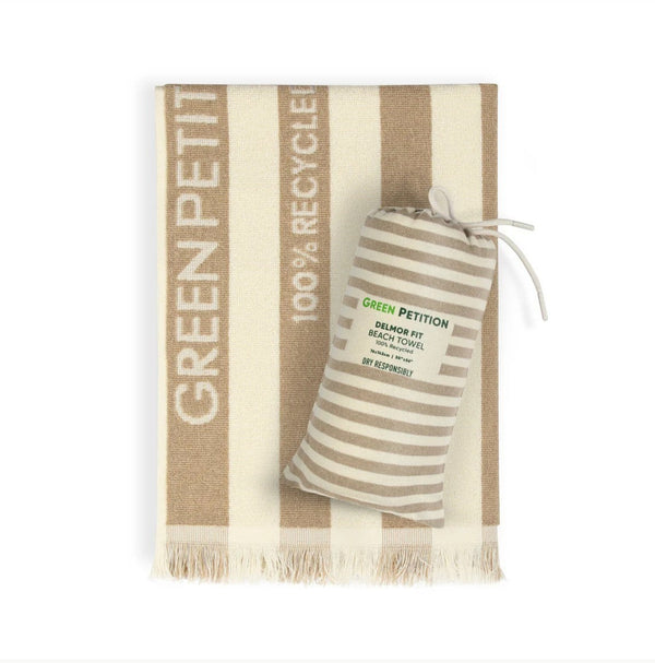 REFISHED Green Petition gestreiftes Strandtuch aus recyceltem Material in Beige und Weiß mit Fransen und Tragetasche