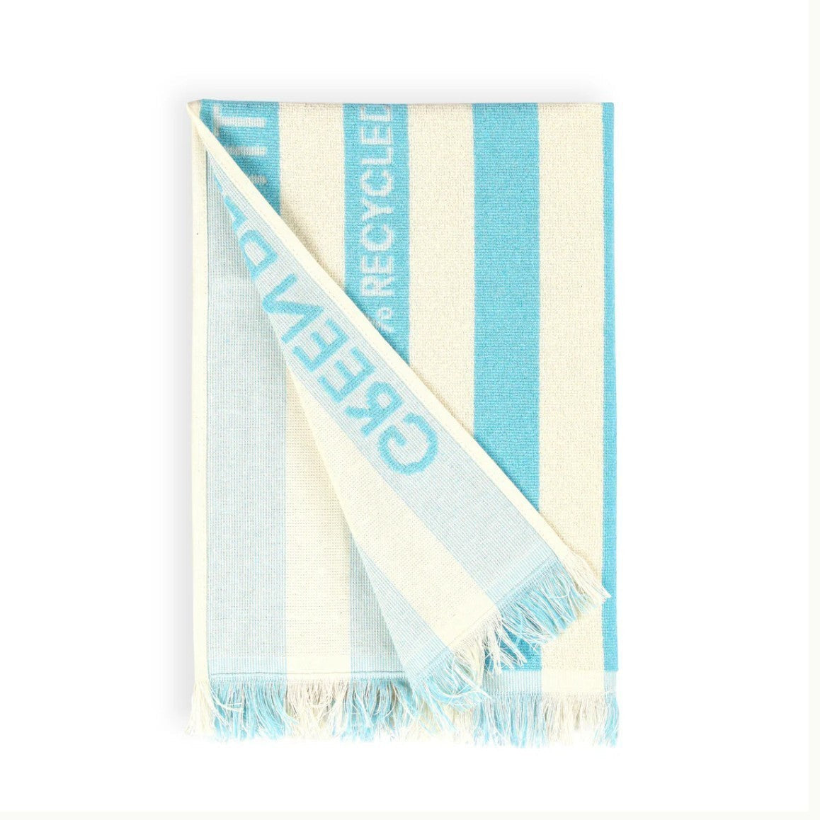 REFISHED gestreiftes Strandtuch in Blau und Weiß aus recyceltem Material mit Fransen und Markenaufdruck
#farbe_capri
