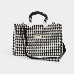 Isolde TWEED schwarz-weiß - Tasche im Kelly Bag Stil mit langem Gurt