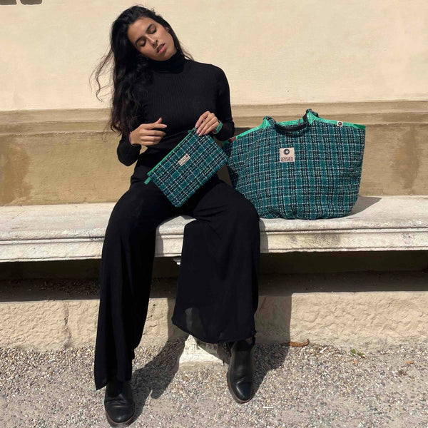 Recycelte Tasche Soulmate Tweed Grün Petrol mit Innentasche Set