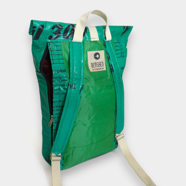 Rucksack in grün, Ansicht von hinten